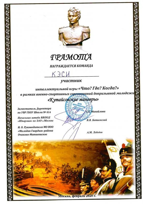 Грамота участника интеллектуальной игры Что? Где? Когда?