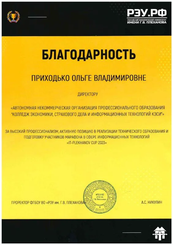 Благодарность директору от РЭУ им Г.В. Плеханова